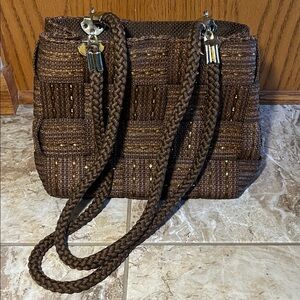 Vintage M & G Bertini Gold Brown Metallic Weave Bag with Woven Rope Handles